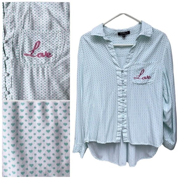 Hearts Pattern Valentine’s Green White LOVE Button Up High Low Hem Top Women’s L - Picture 2 of 12